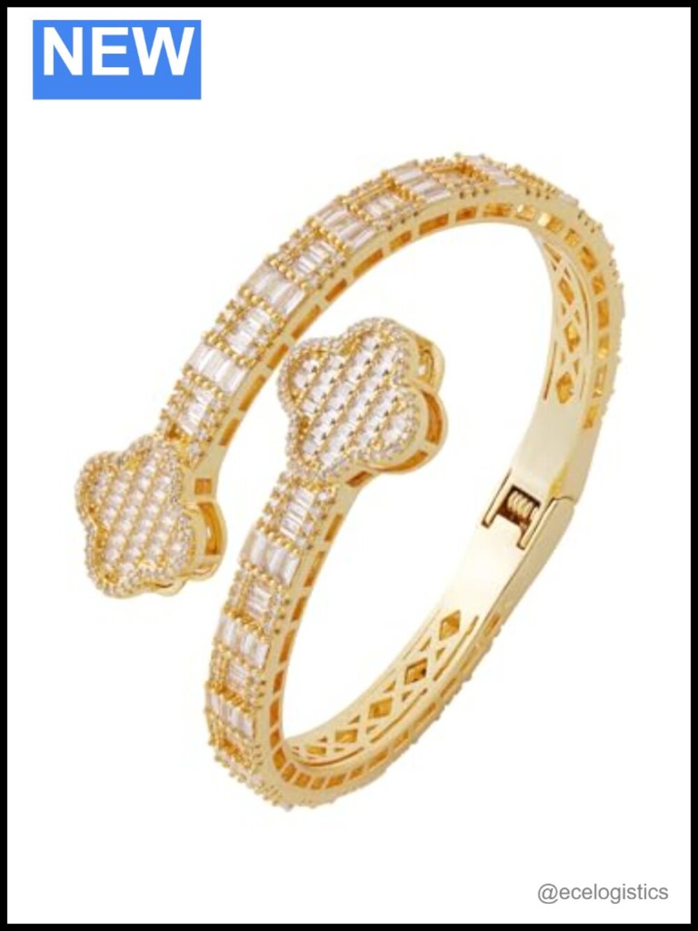 Gold Plated Cubic Zirconia Four Leaf Bangle Bracelet with Spring Clasp